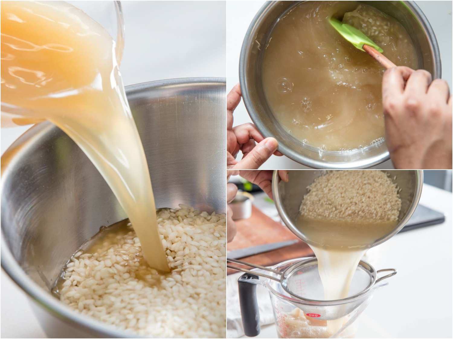 A three-image collage of rinsing arborio rice with chicken stock and straining through a fine mesh strainer.