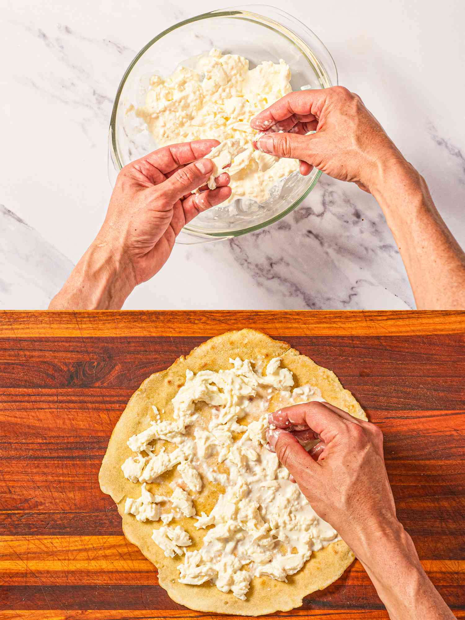 Two image collage of pulling cheese apart and placing on round