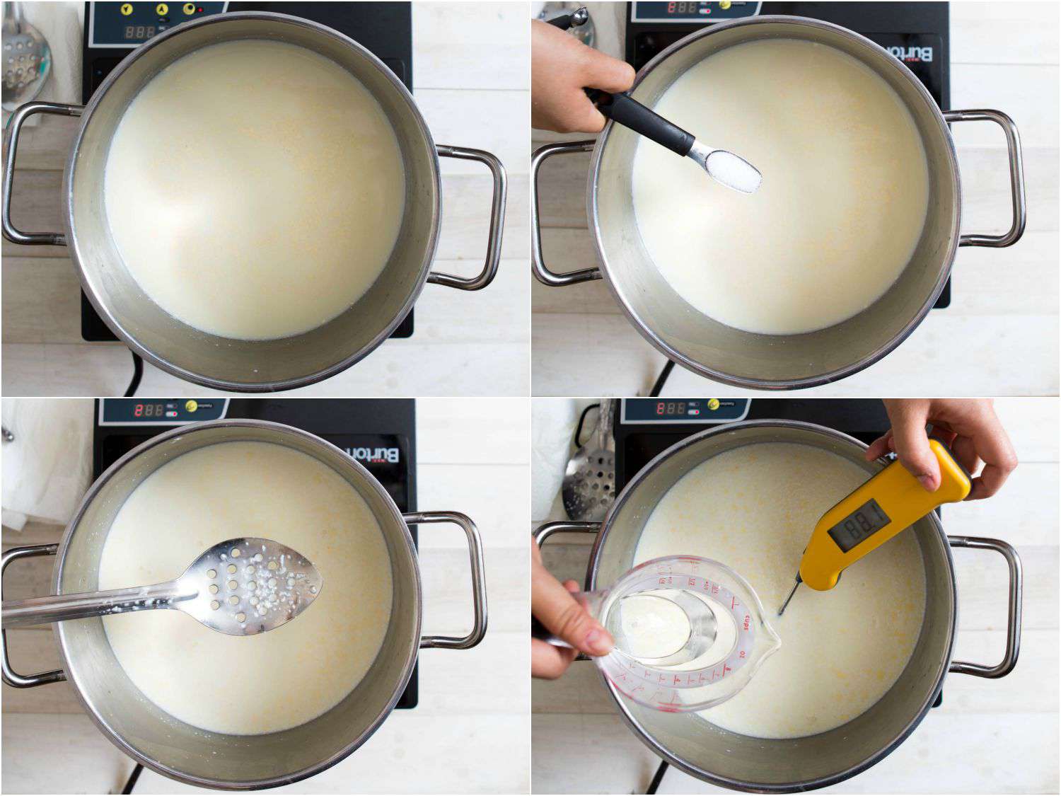Photo collage showing the first steps in making homemade fresh mozzarella: Adding citric acid to a pot of milk, stirring, heating the milk, and adding rennet to the hot milk.