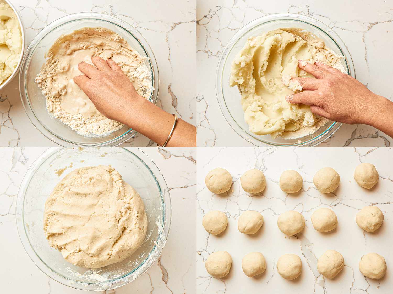 Four image collage of forming dough balls