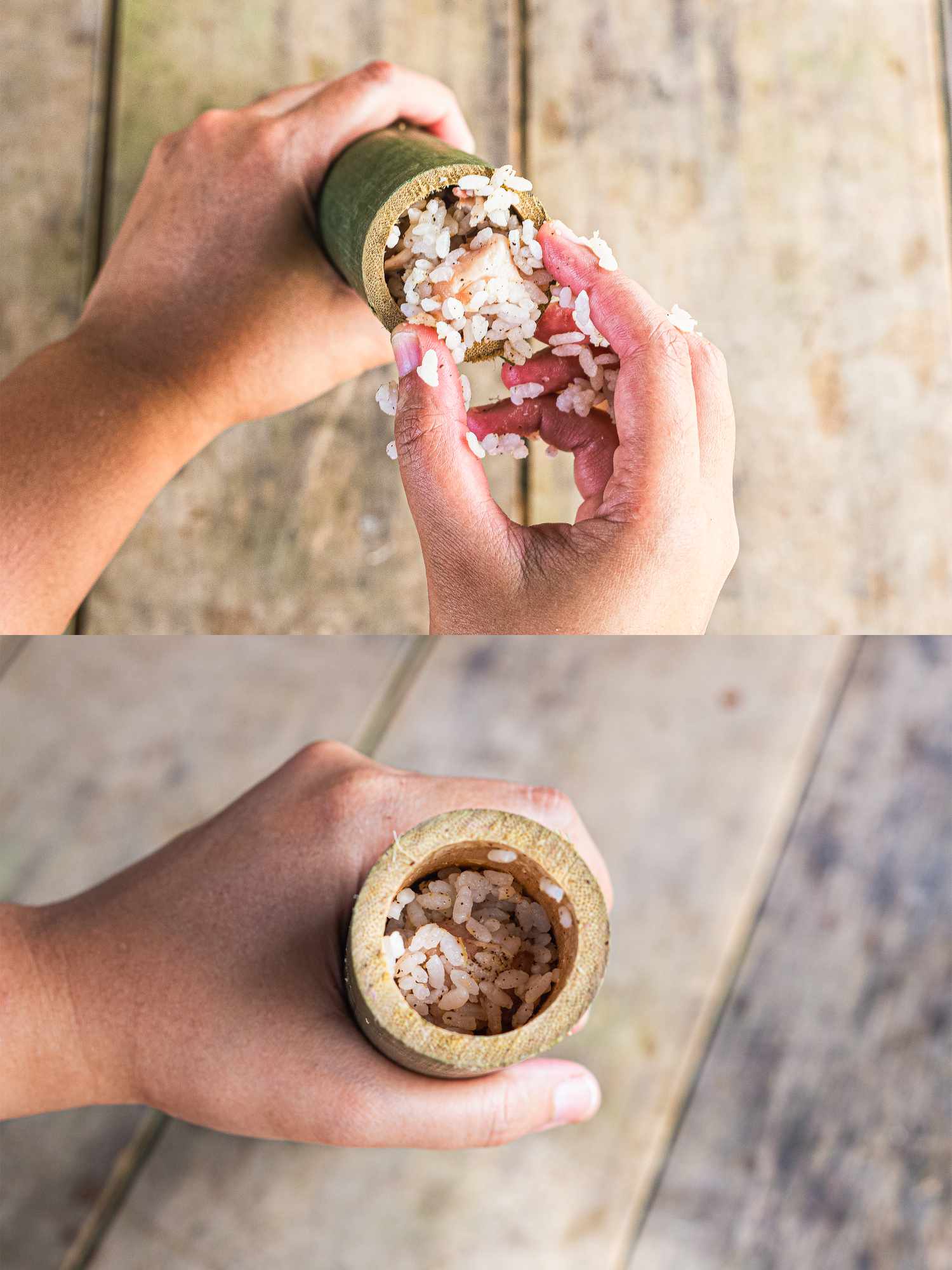 Two image collage of filling bamboo with chicken and rice mixture
