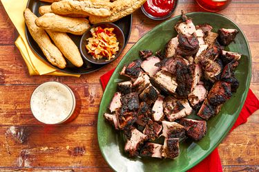 Overhead view of jerk pork on a platter