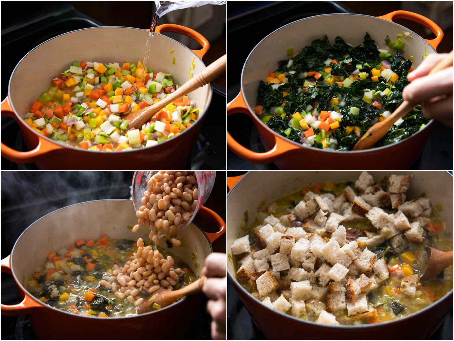 A 4-image collage showing the additions of water, then kale, beans, and bread to the Dutch oven.