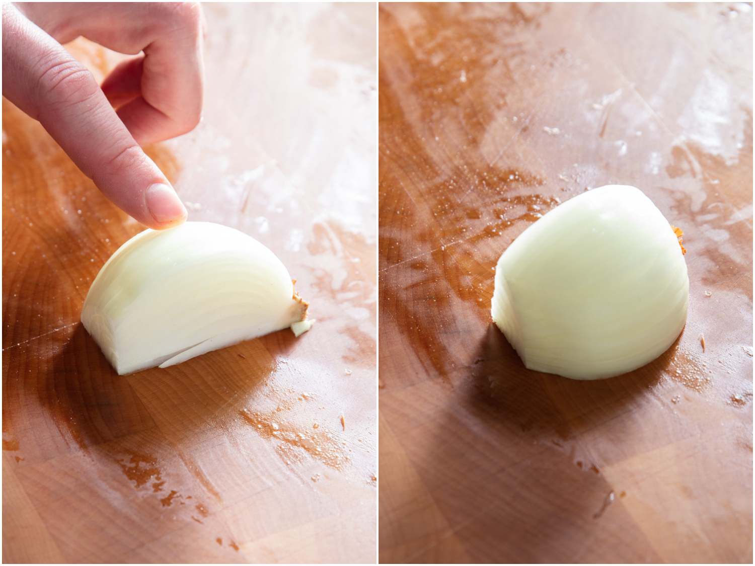 Photo collage of flipping onion quarter 90 degrees onto second flat side.