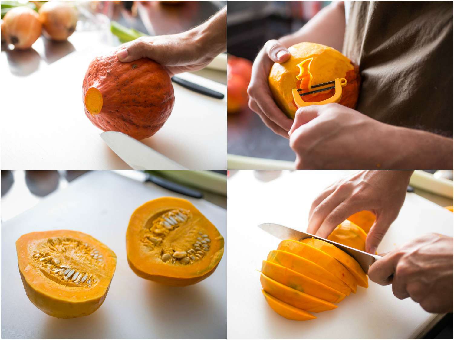 Collage of trimming, peeling, seeding, and slicing a red kuri squash.