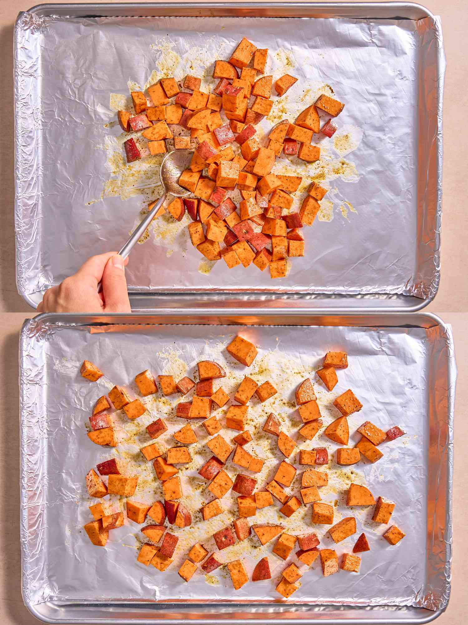 2 image collage. Top: Mixing diced sweet potatoes with seasoning on a sheetpan. Bottom: Sheetpan with lightly roasted sweet potatoes