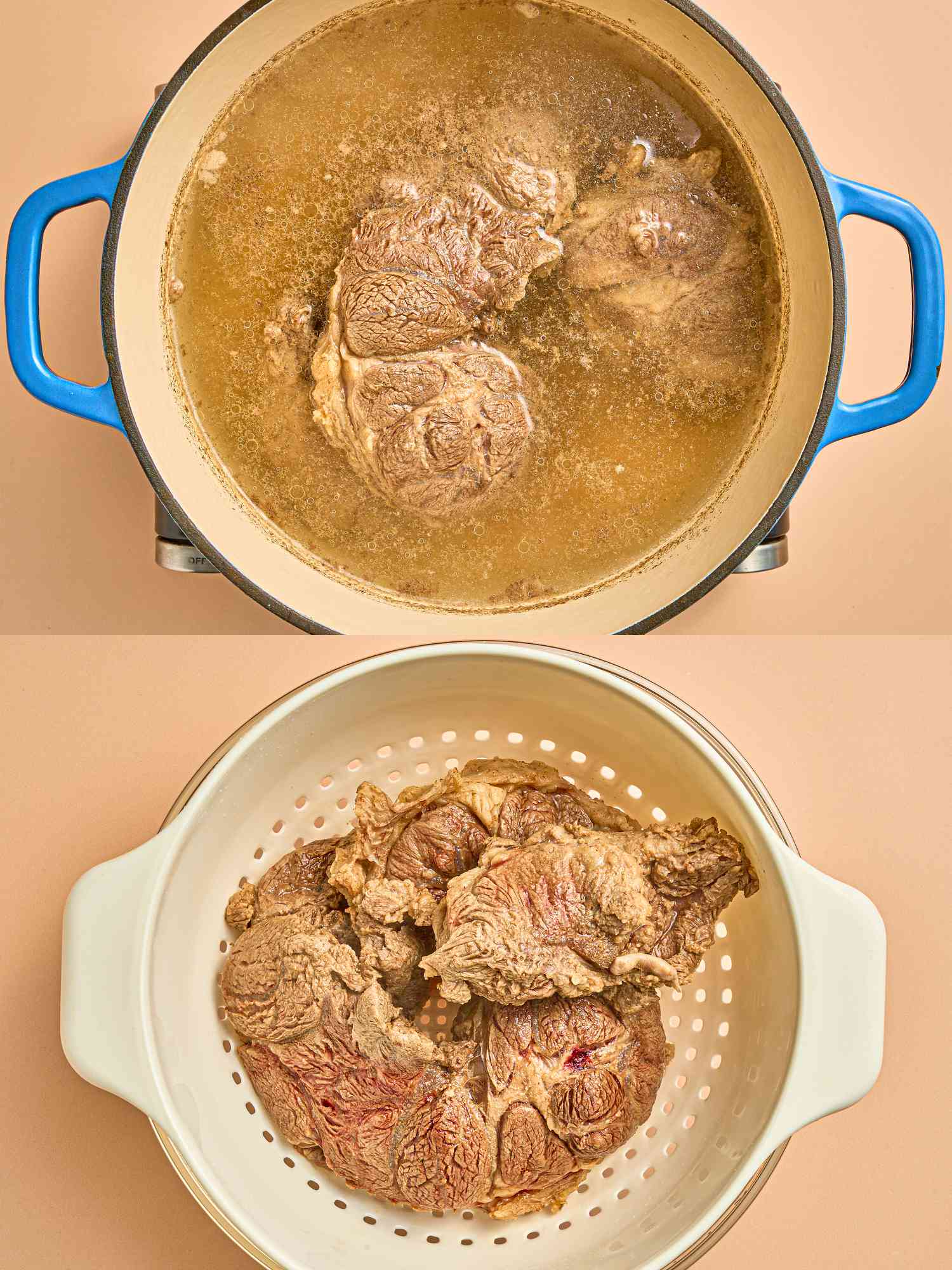Two image collage of cooking meat