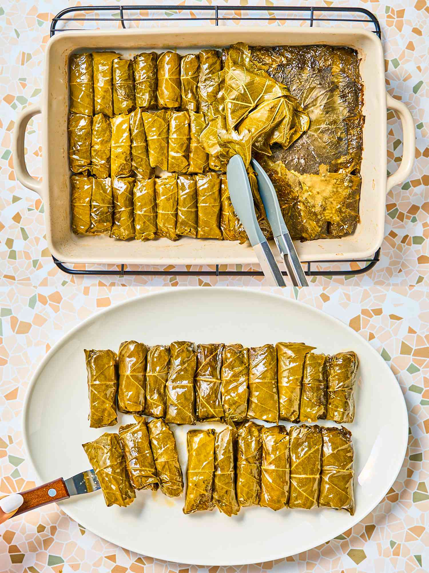Two image collage of removing grape leaves and transferring sarma to platter