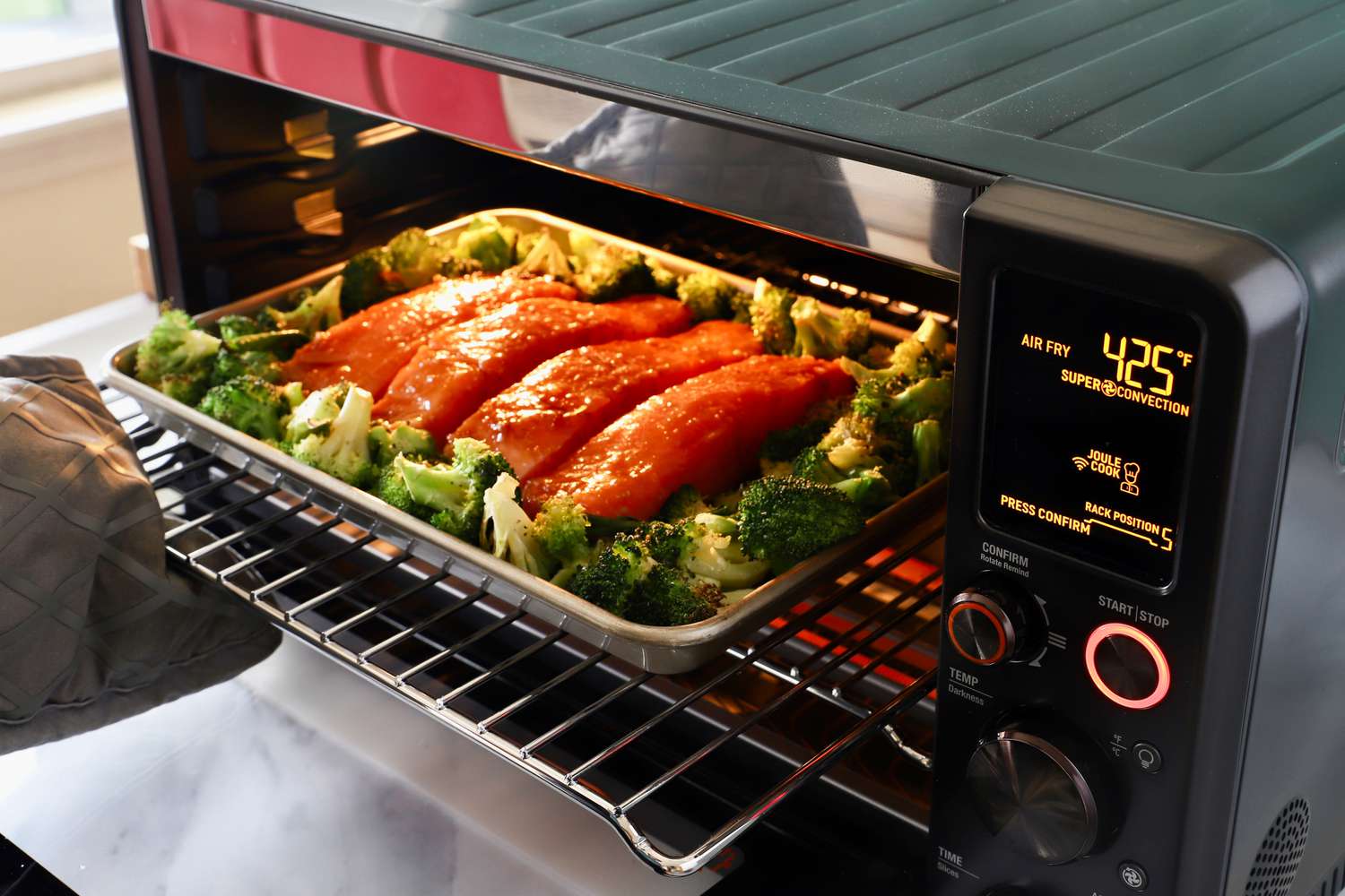 roast salmon and broccoli in the joule oven