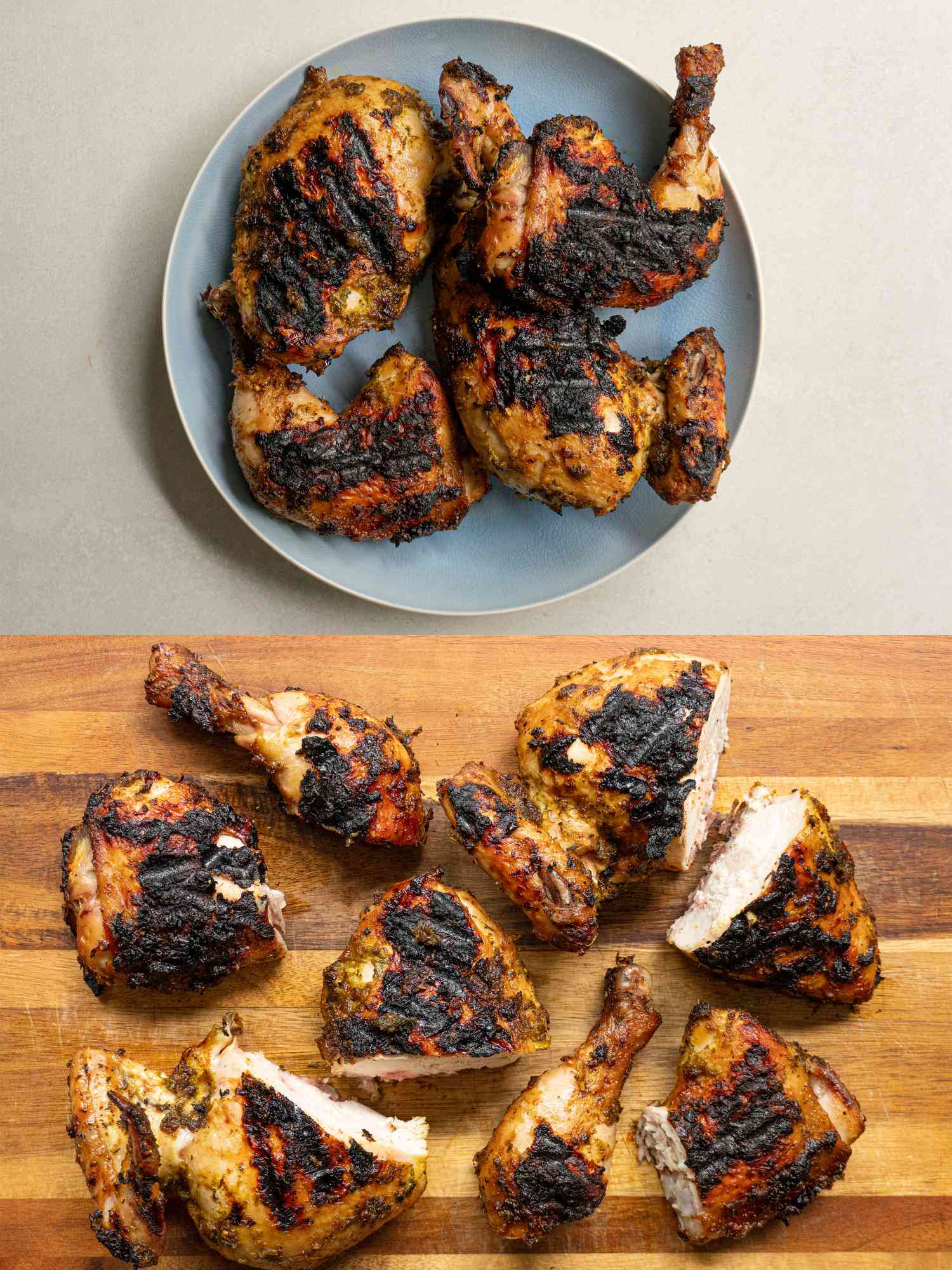 Cut chicken resting on cutting board.