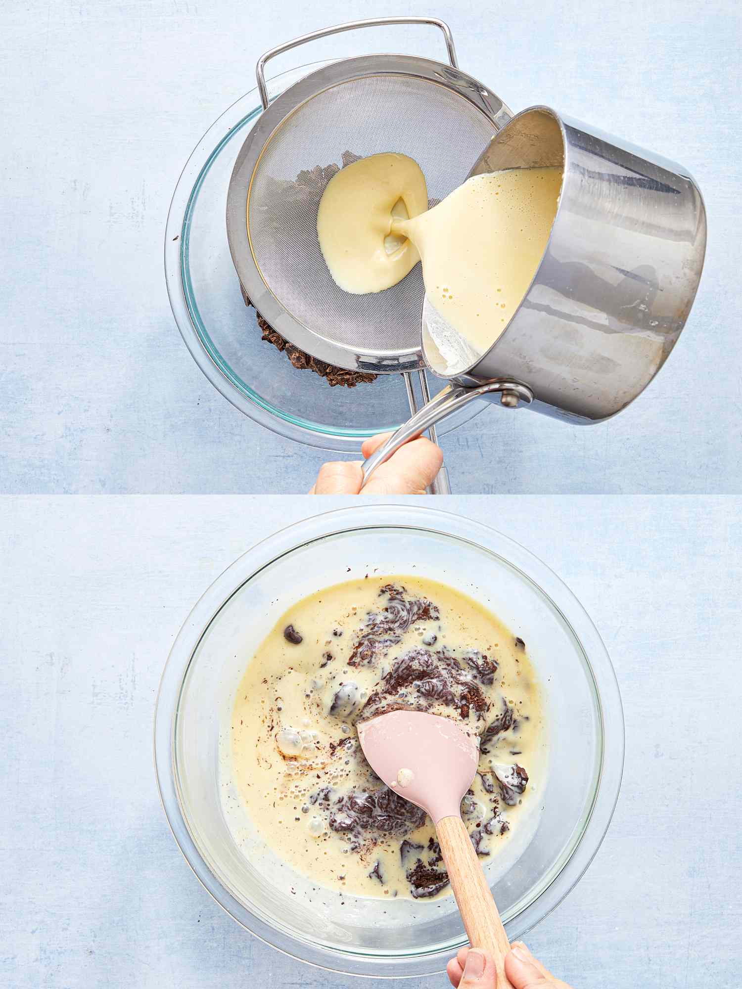 Steps in preparing a dessert involving pouring a liquid mixture into a bowl and stirring the contents