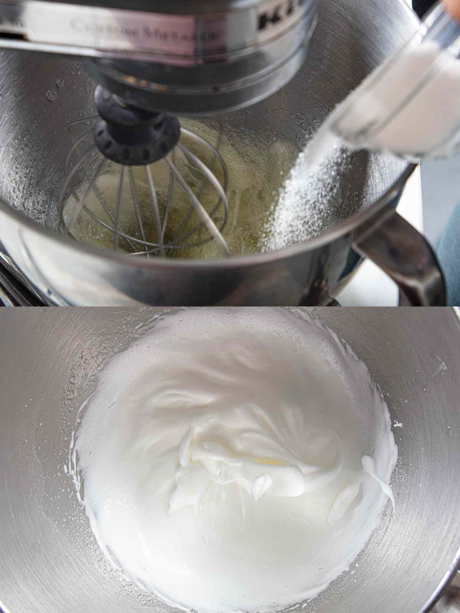 Twopanel image showing whisking egg whites in a mixer and the resulting soft peaks