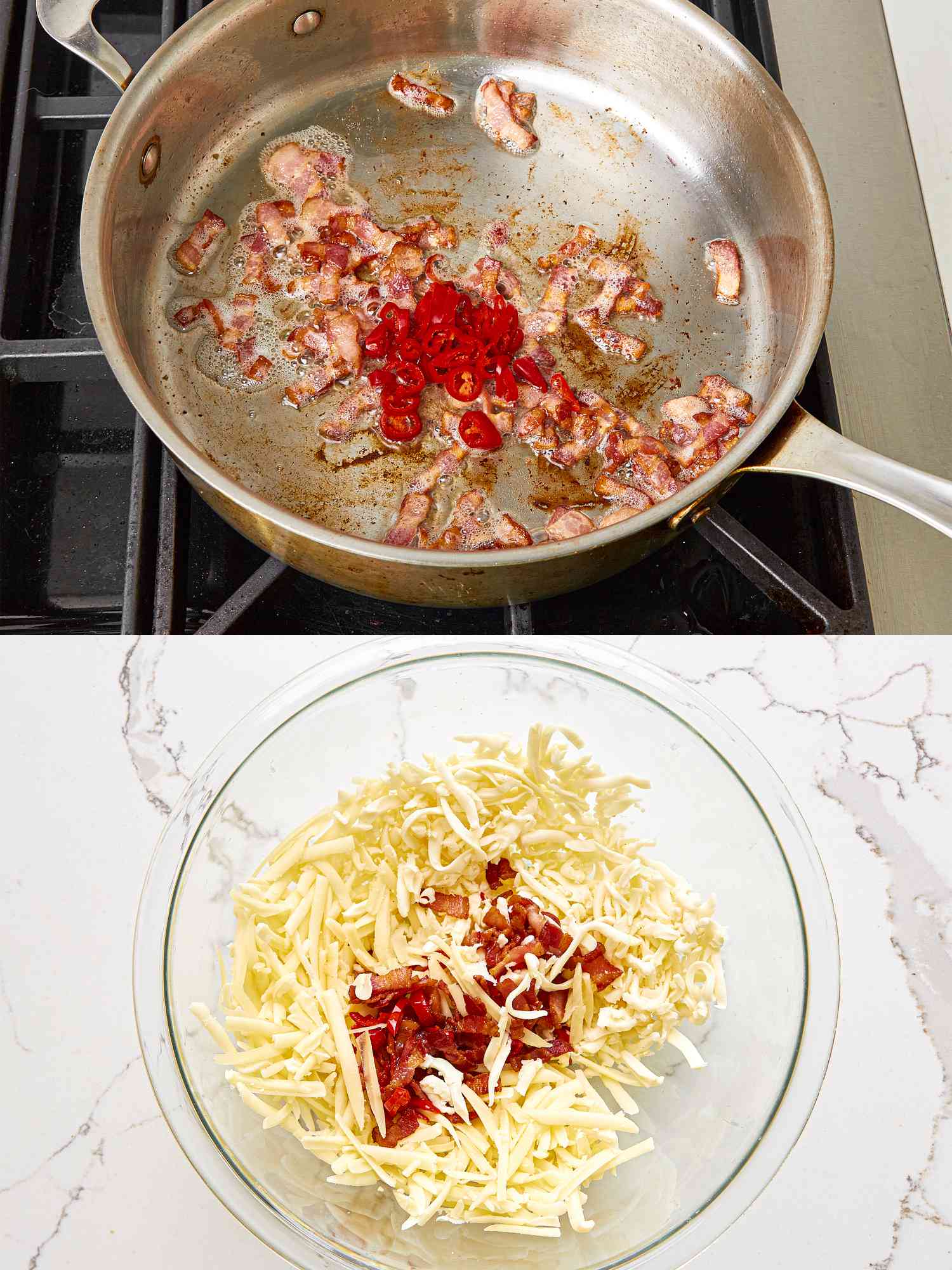 Two images: bacon and sliced Thai chiles are cooked in a sauté pan; the cooked bacon and chiles are added to a bowl of shredded cheese.