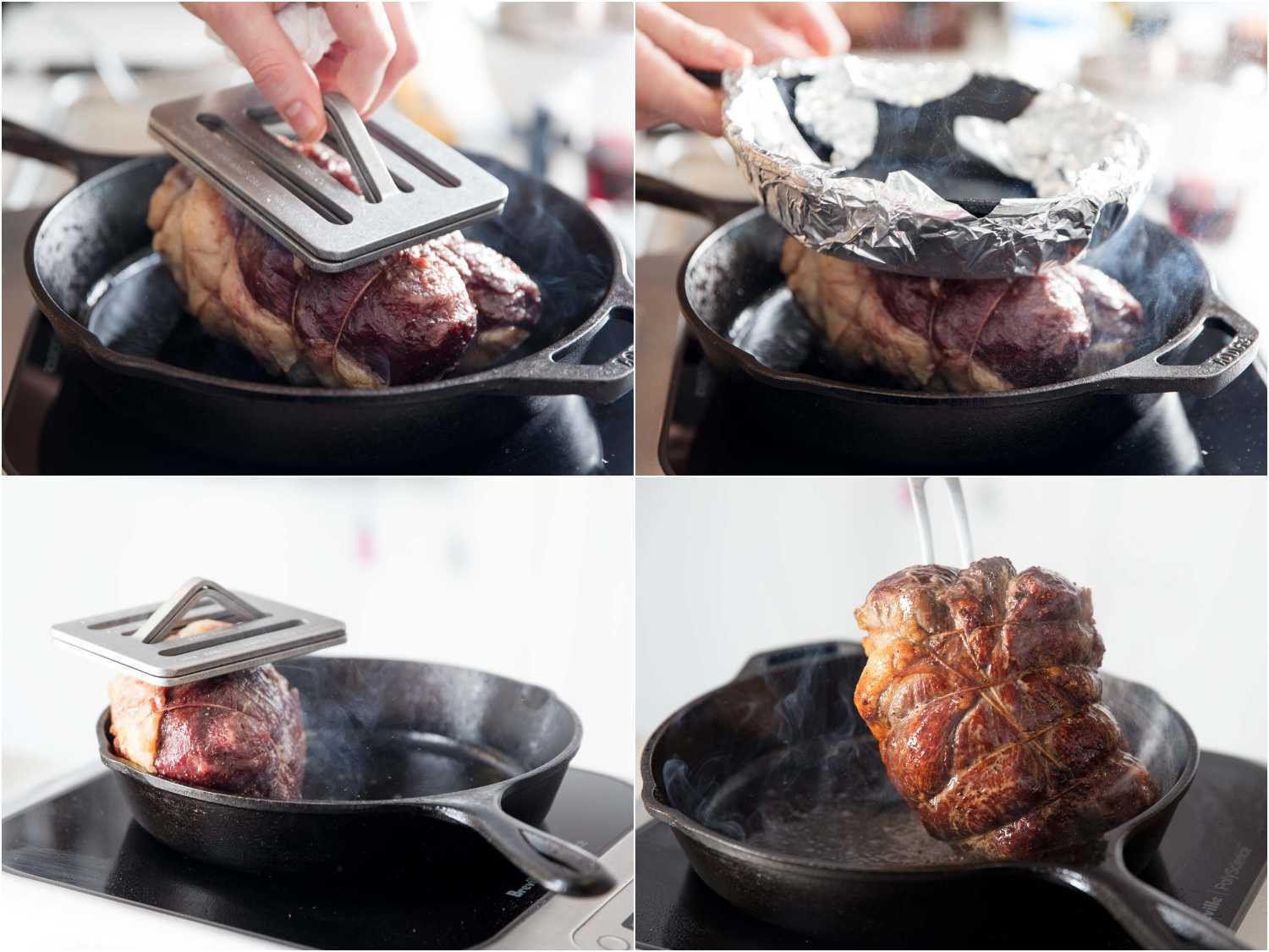 Process shots of searing and weighing down tri-tip roast in a cast iron skillet.