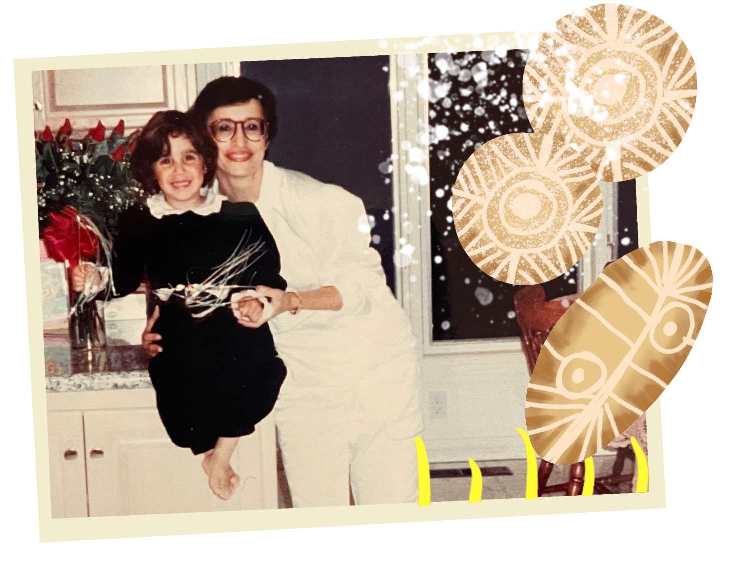 An old family photo of the author and her mother in the kitchen with cookie graphics overlaid