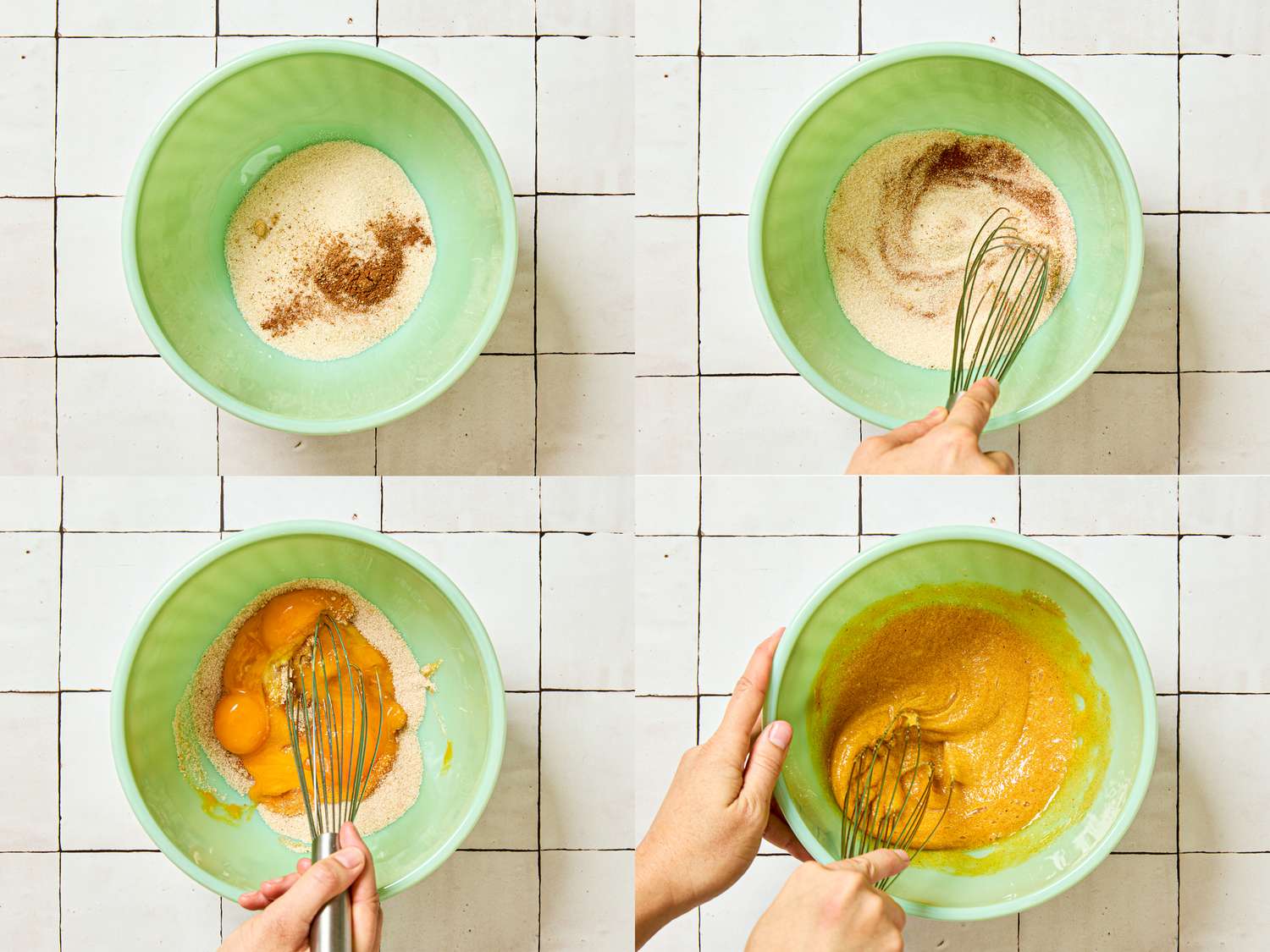 A stepbystep process of mixing ingredients in a green bowl with a whisk