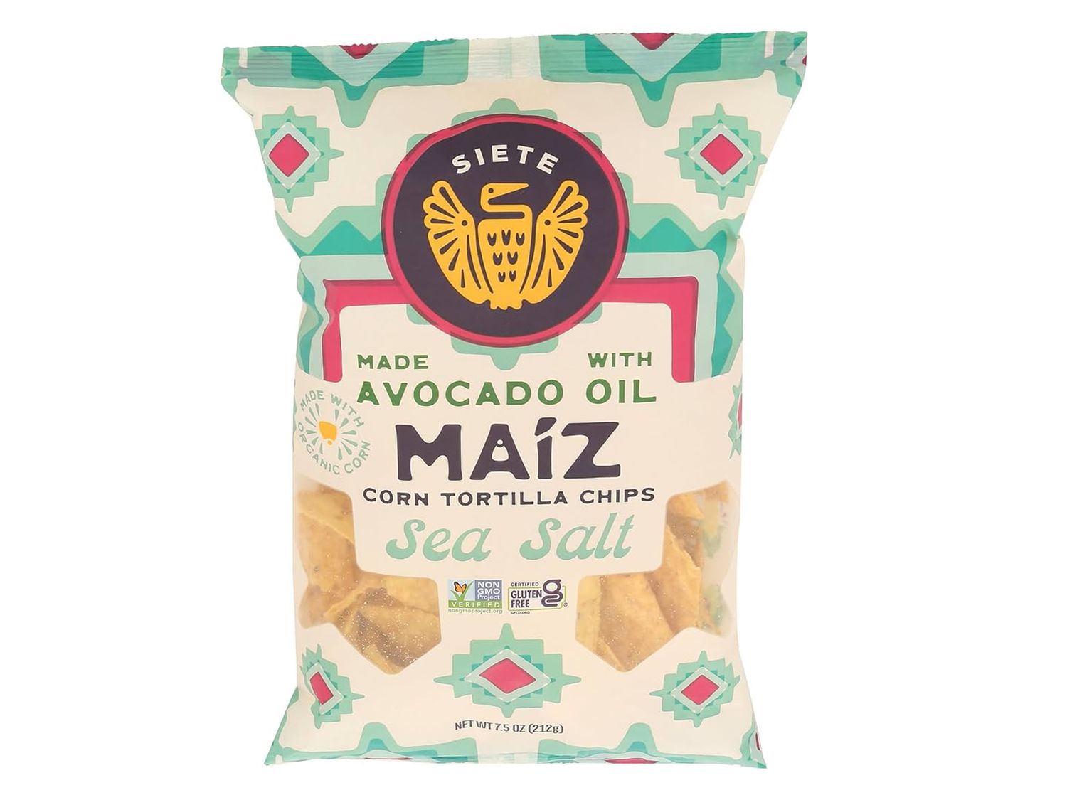 A bag of Siete Maíz Sea Salt Corn Tortilla Chips made with avocado oil