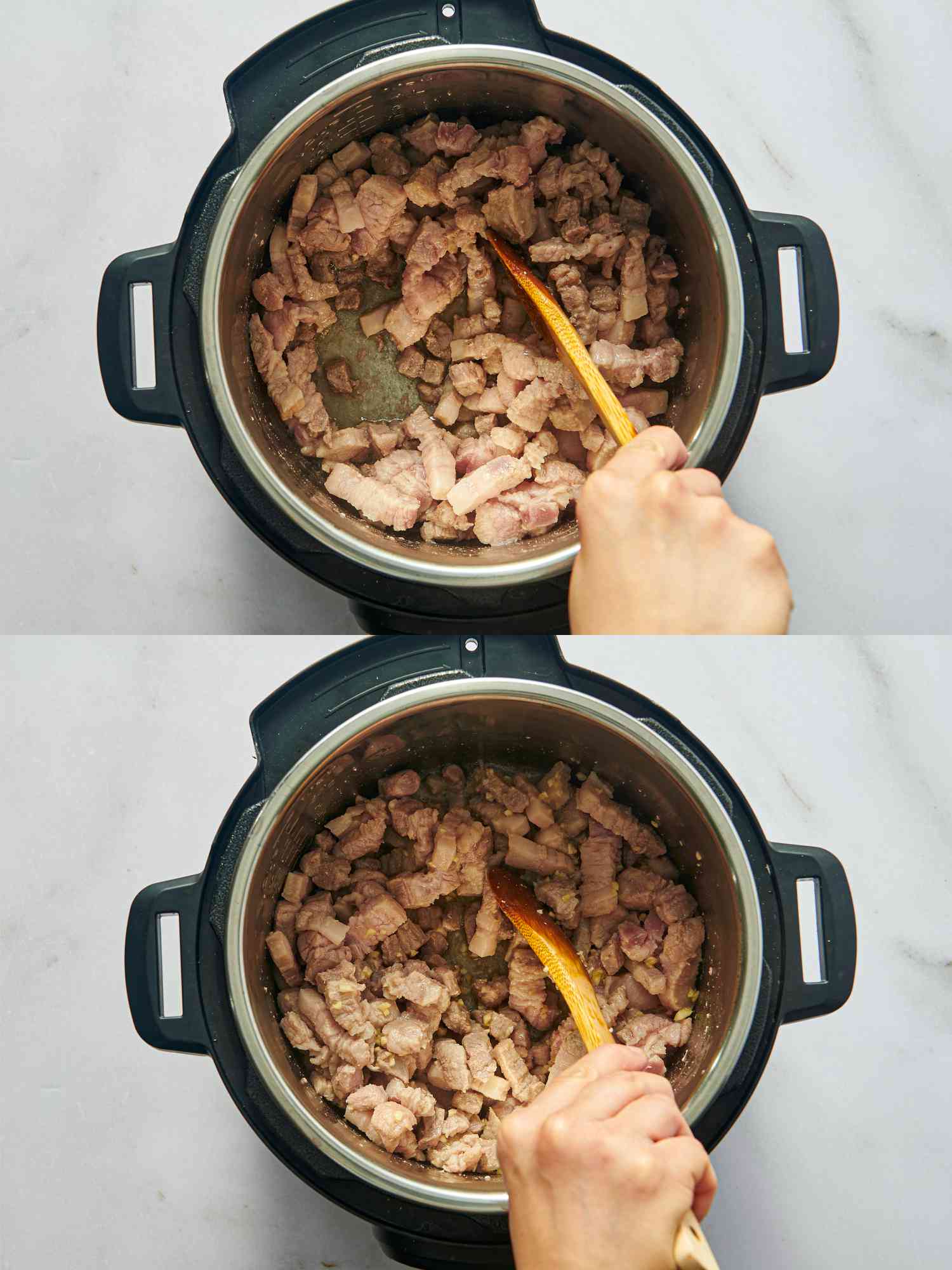 2 image collage. Top: adding pork belly to pressure cooker. Bottom: Adding garlic into pressure cooker 