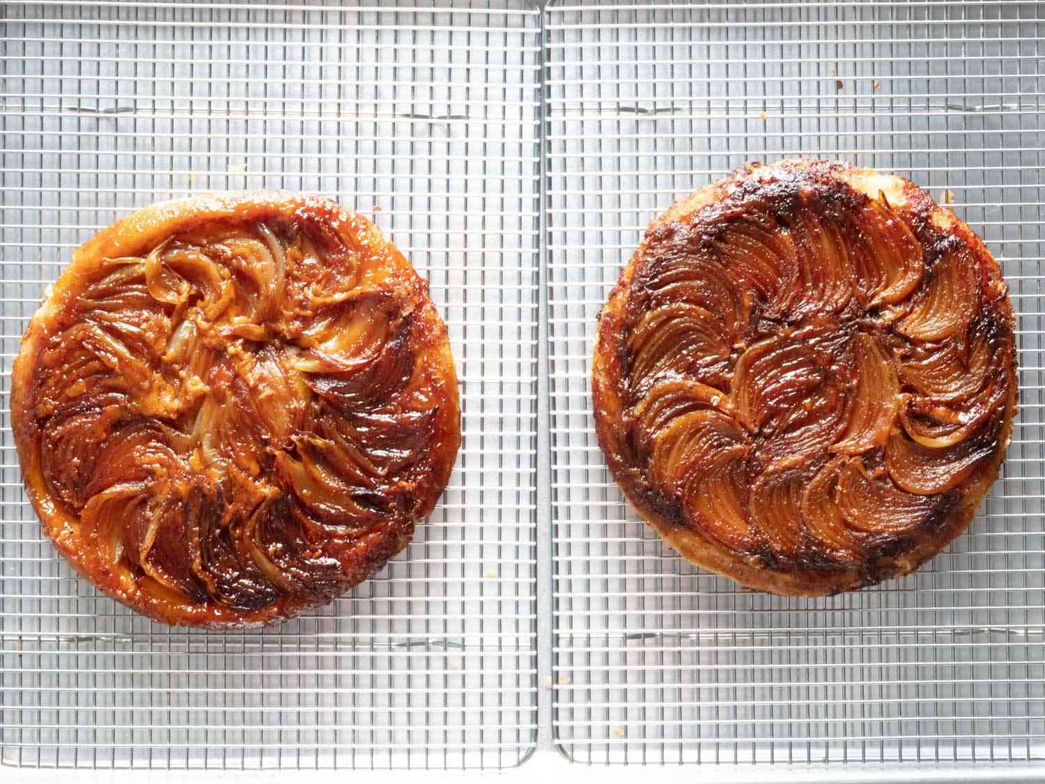 2 Onion Tarte Tatins from the first round of testing on wire cooling racks