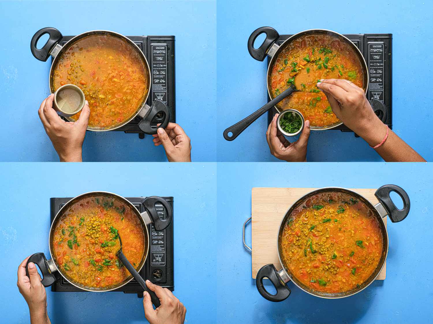 4 image collage. Top left: Masala being poured into mung beans in a dutch oven on a blue surface.Top right: Hand adding cilantro to dal. Bottom Right: Mixing all ingredients of Moong Dal together in dutch oven. Bottom Right: cooked moong dal in dutch oven on wooden board on blue surface 