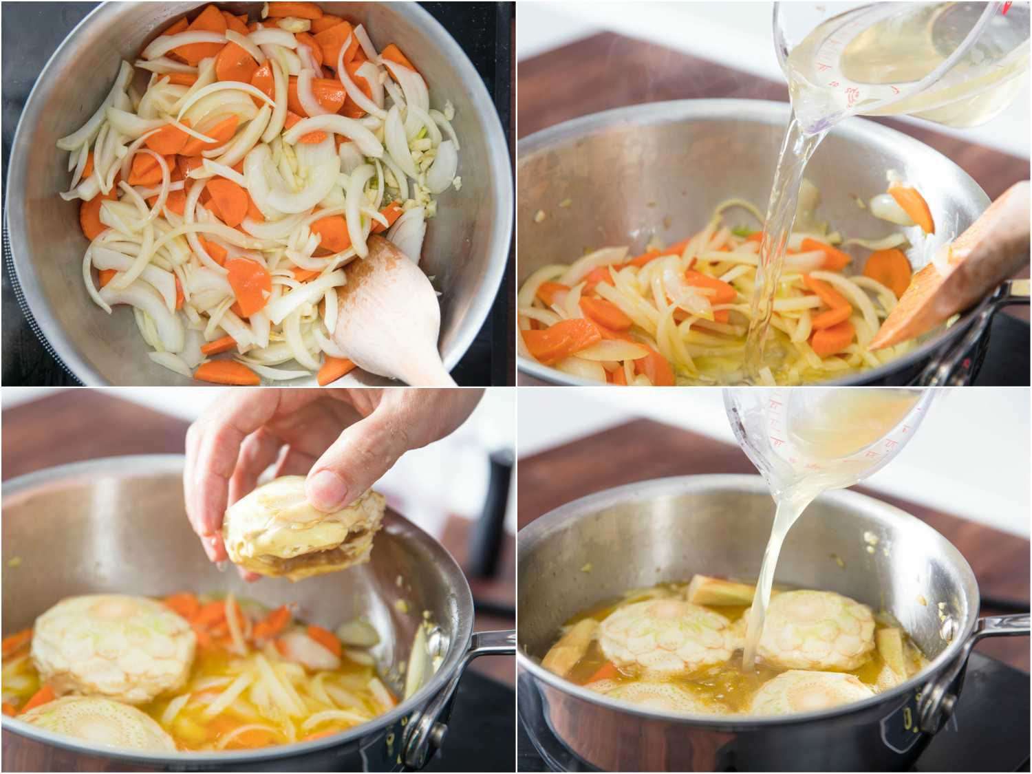 Collage of aromatics being sweated in a saucier pan, followed by stock and artichokes being added.
