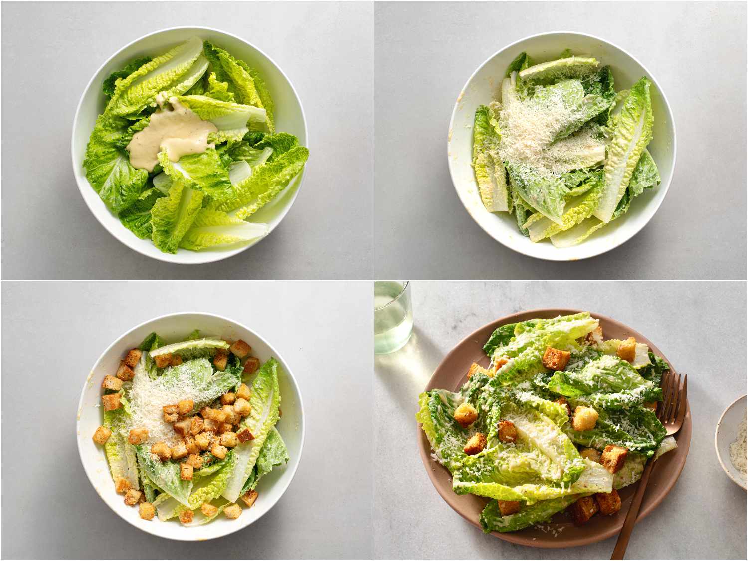 A collage showing romaine lettuce leaves with dressing, cheese, and croutons being added, and lastly the composed salat served in a ceramic bowl.