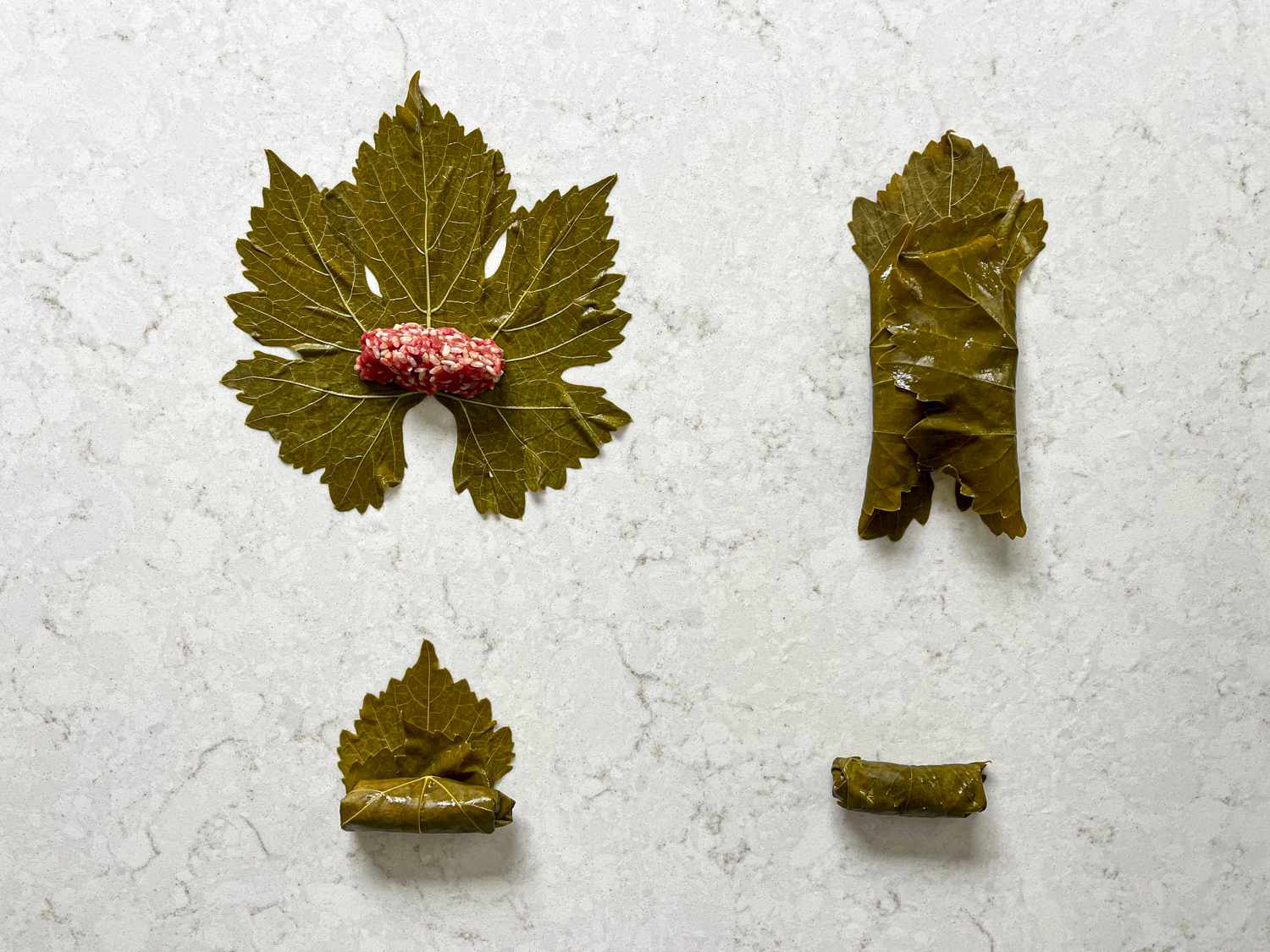 Four grape leaves in various stages of folded, showing how to properly create grape leaf rolls