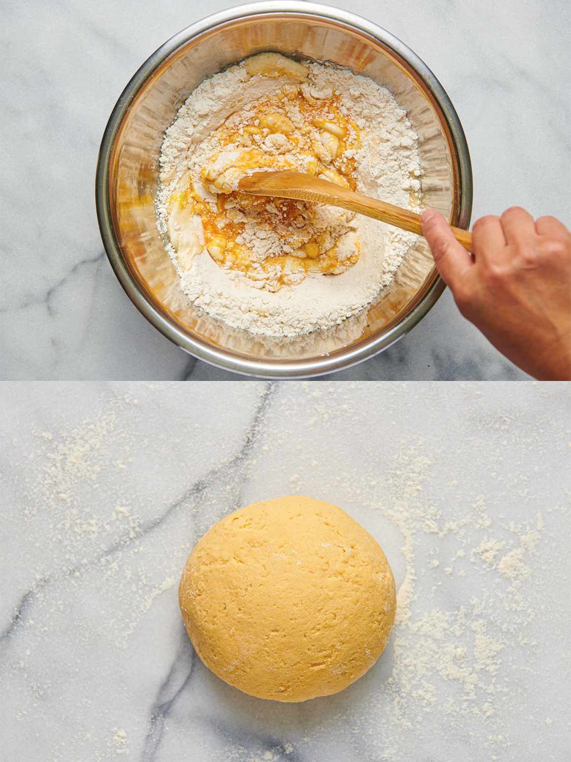 A two-image collage. The top image shows the eggs being mixed into brown rice flour, tapioca starch, and xanthan gum inside bowl using a wooden spoon. The bottom image shows the kneaded and fairly smooth dough resting on a stone countertop.