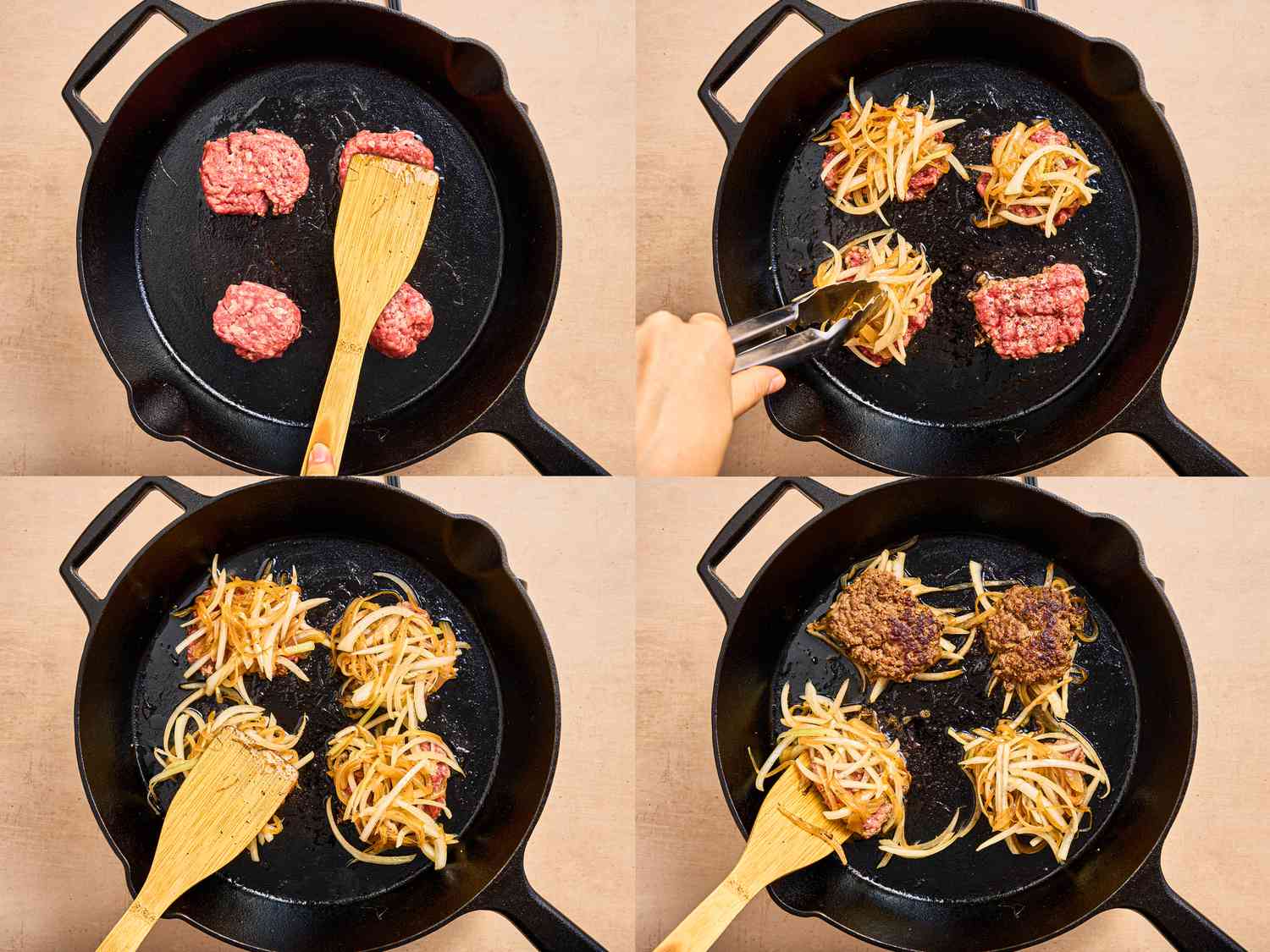 4 image collage. Top Left: pressing 4 ground beef patties into skillet with wooden spatula. Top Right: Using tongs, a hand adds onion mixture to smashed beef balls. Bottom Left: Wooden spatula pressing onion mixture into meat. Bottom Right: flipping 4 patties with a wooden spatula in a skillet 