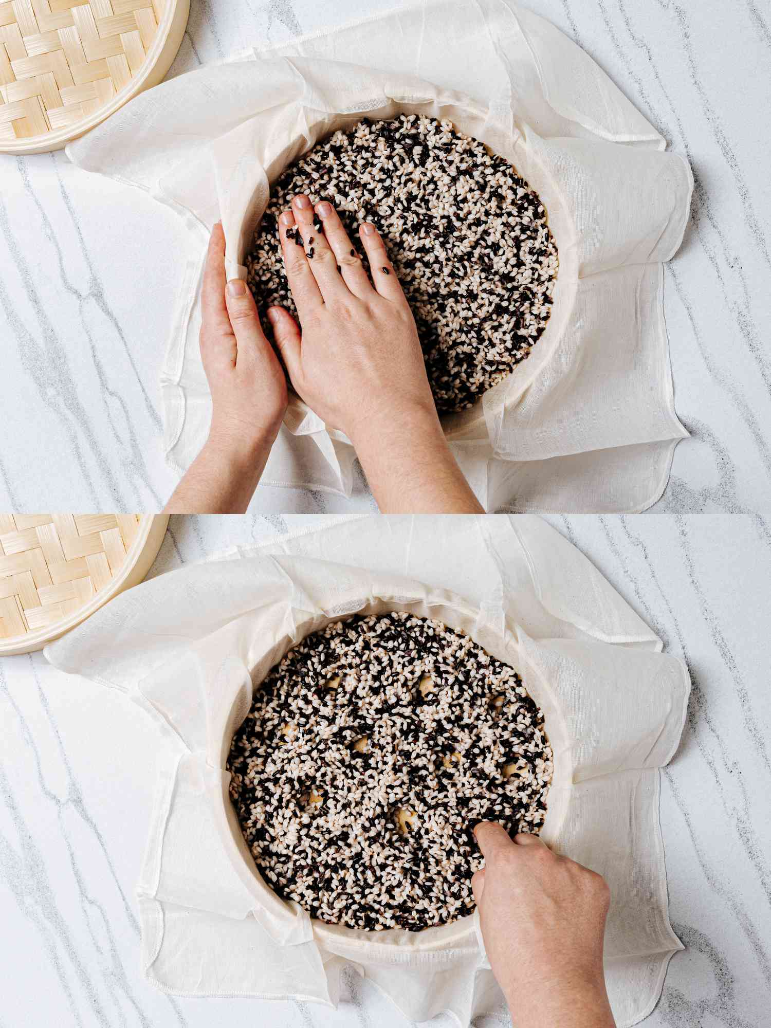 2 image collage. Top: rice lined up on a cheesecloth inside a bamboo steamer. A hand flattening the rice evenly. Bottom: rice lined up on a cheesecloth inside a bamboo steamer. A hand flattening the rice evenly.