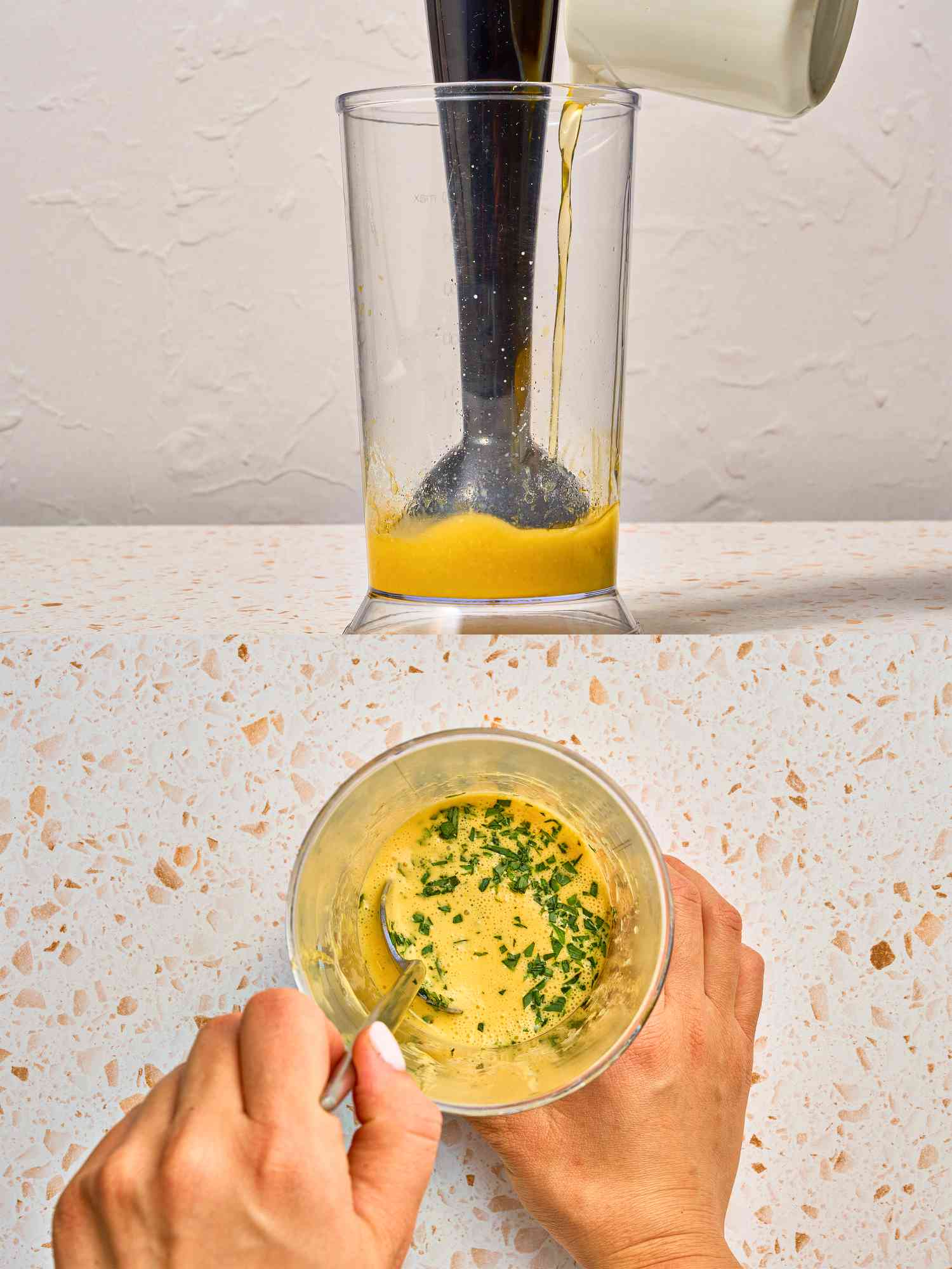 Two image collage of making sauce