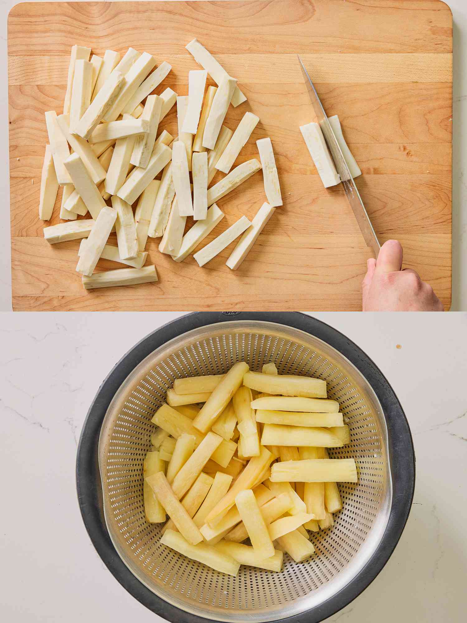 2 image collage. Top: Slicing yuca into matchsticks on a chopping board. Bottom: Yuca draining in a collander 