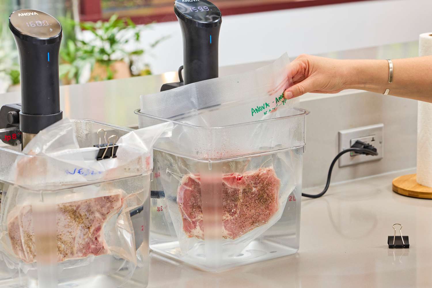 Meat sealed in the Anova Precision Vacuum Sealer Pro is submerged in water