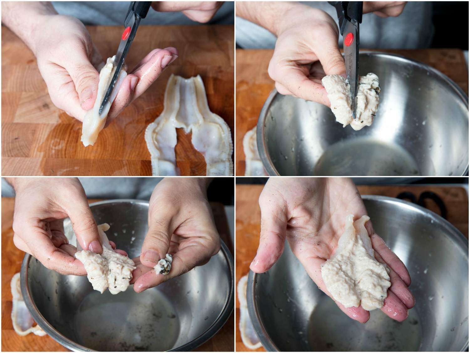 Collage demonstrating the process of butterflying the razor clam's digger foot and removing the brown bits.