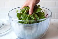 a person placing mixed greens into a salad spinner
