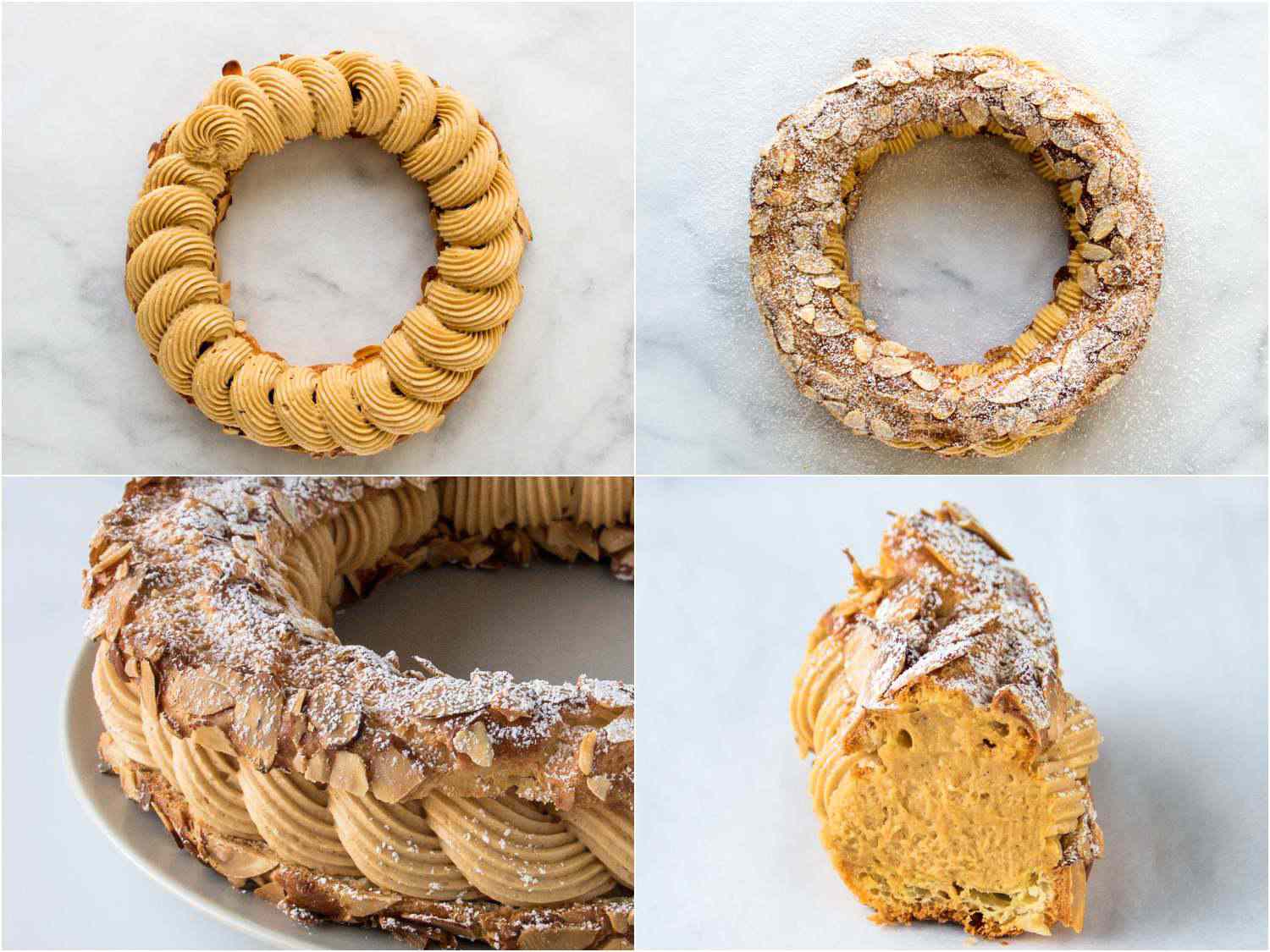 A four-image collage. The top left image shows crème mousseline piped on the bottom half of the choux ring. The top right image shows the top half of the choux placed on the bottom half and then dusted with powdered sugar. The bottom left image shows a side view of the completed Paris-Brest. The bottom right image shows a slice of the Paris-Brest.