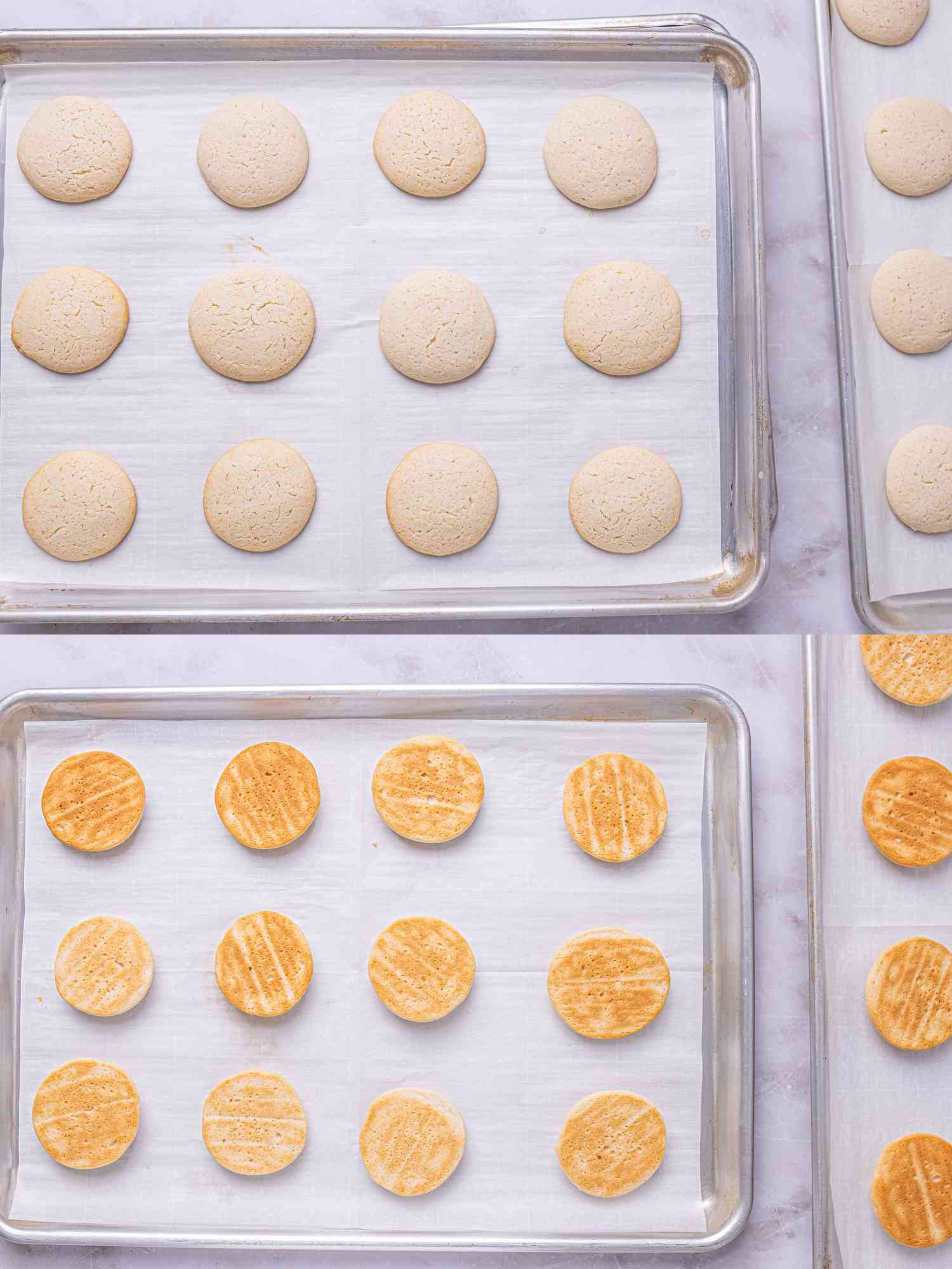 2 image collage. Top: baked cookies on baking sheets. Bottom: Flipped cookies on baking sheet 