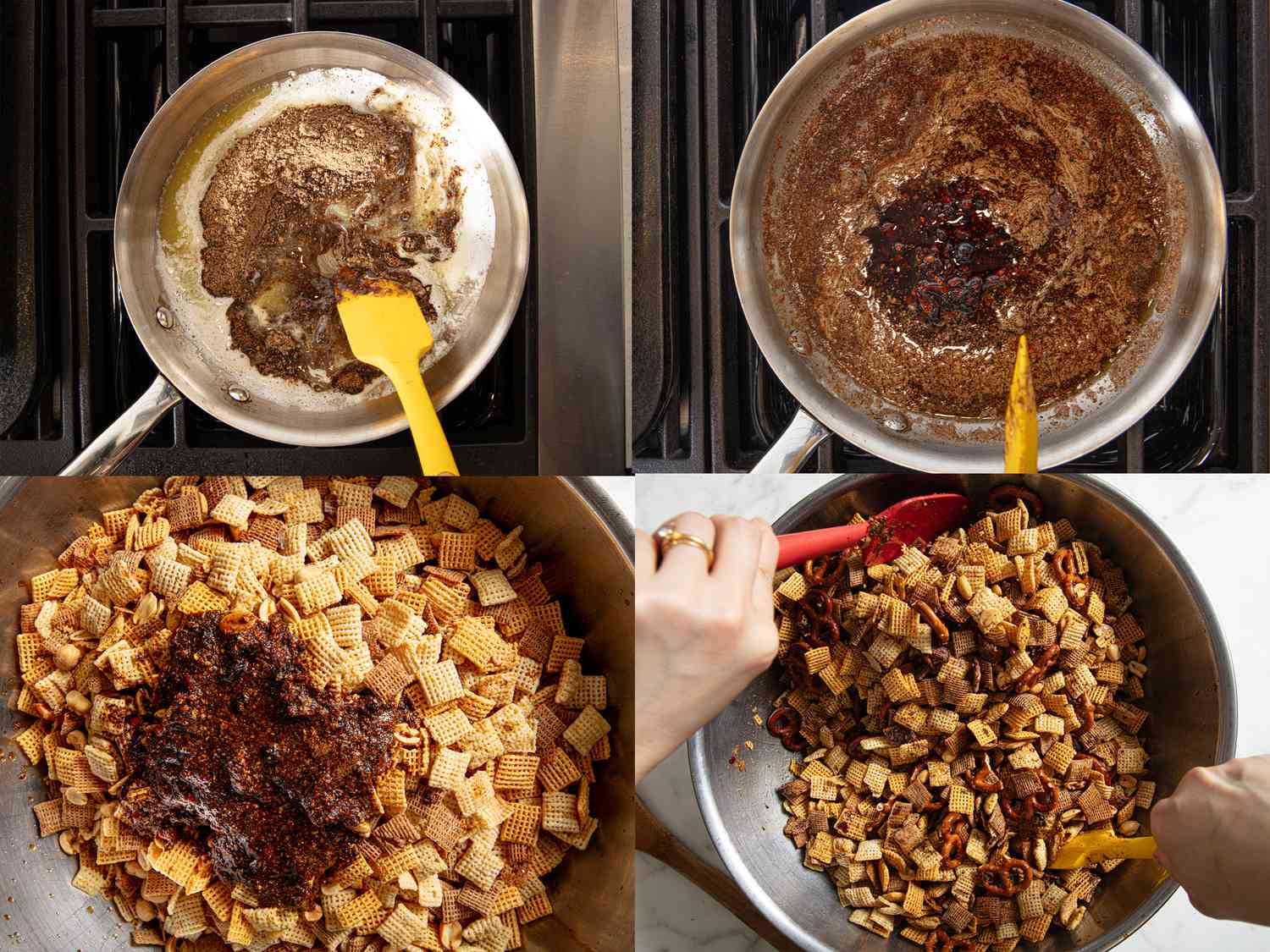 Four image collage of making mala spiced chex mix