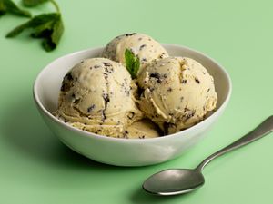 A white porcelain bowl holding three scoops of mint chocolate chip ice cream.