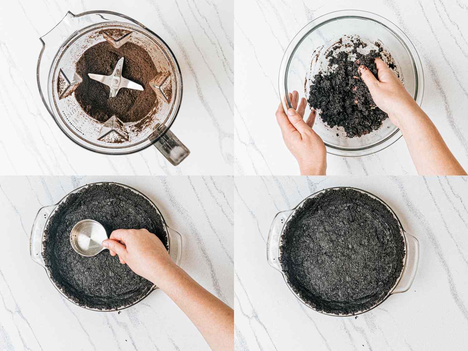 Steps in preparing a pie crust including blending ingredients mixing by hand pressing into a pan and smoothing with a tool