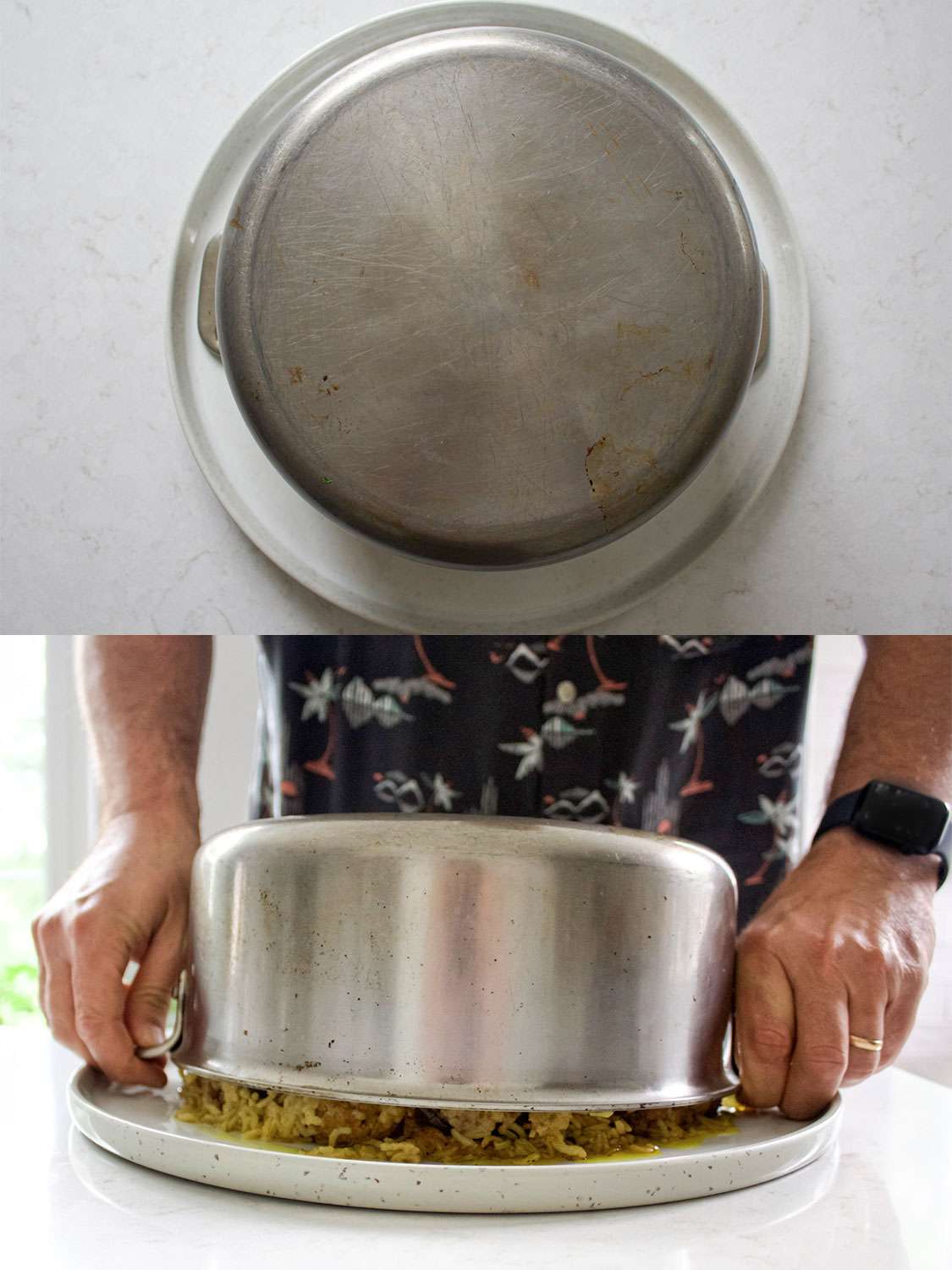 Two image collage. Top: Pot flipped over onto a large plate. Bottom: a person slowly lifting the pot off the plate to show intact maqlubeh underneath
