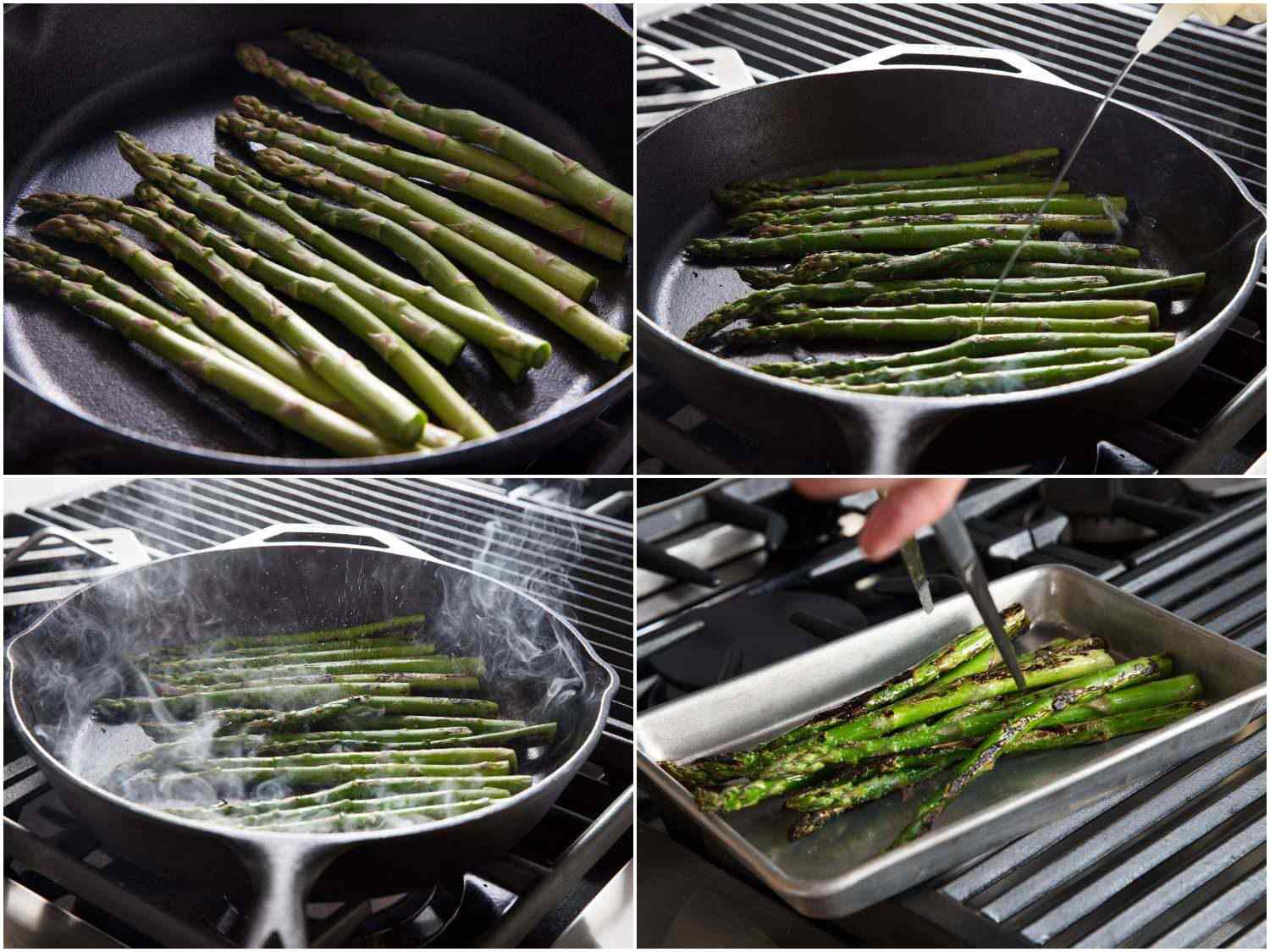 Process shots of charring asparagus in a cast iron pan.