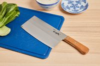 Tojiro cleaver on a blue cutting board