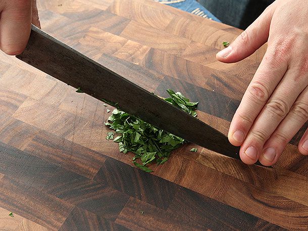 A knife about to complete a rock-chop.