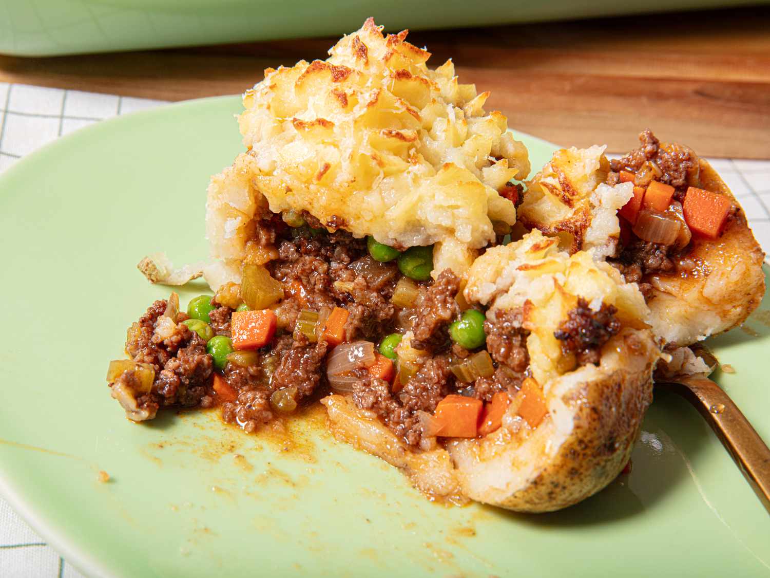 Side view of shepherds pie baked potato