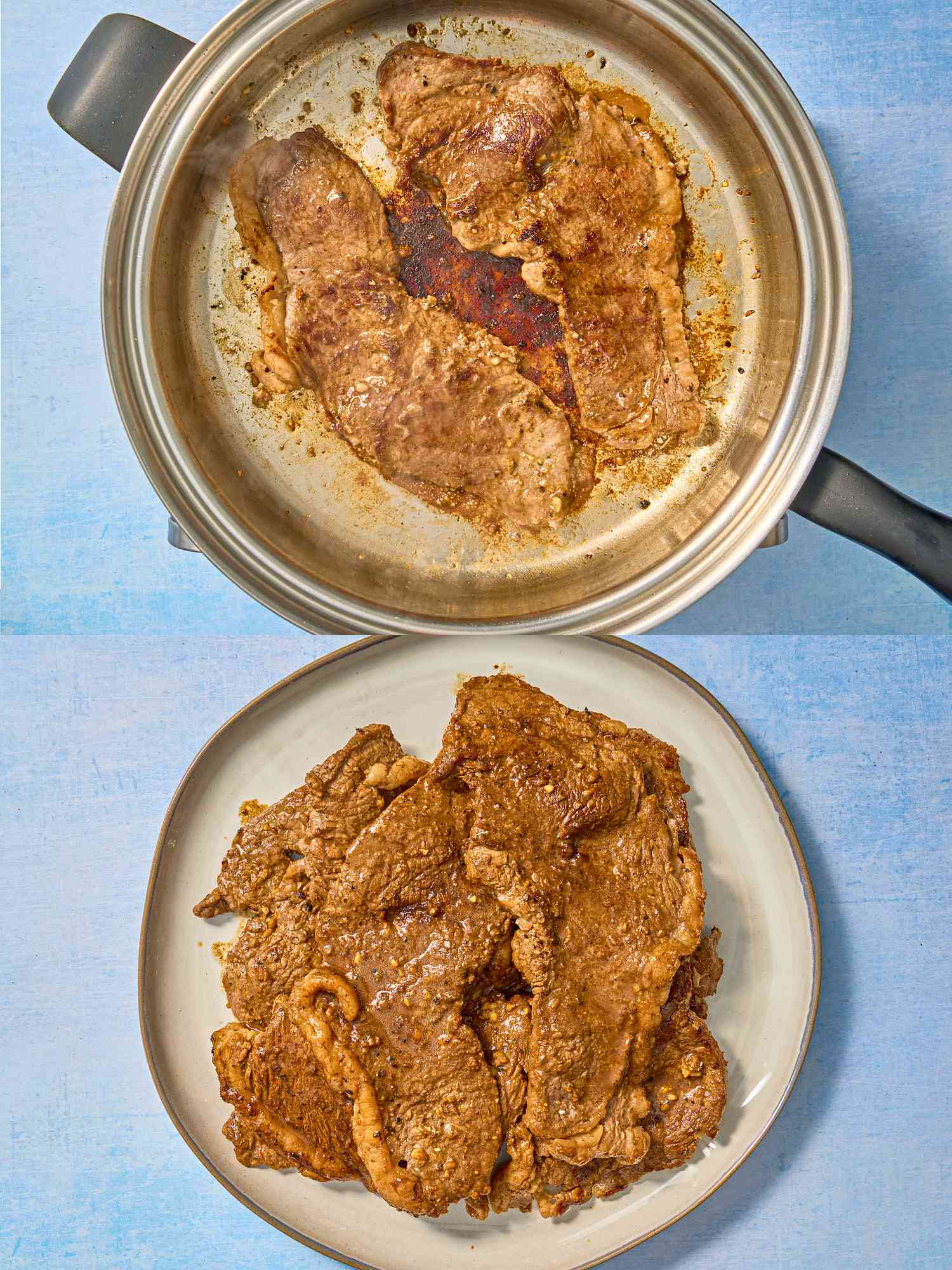 2 image collage. Top: Cooked steaks in a steep skillet Bottom: Cooked steaks resting on a plate 