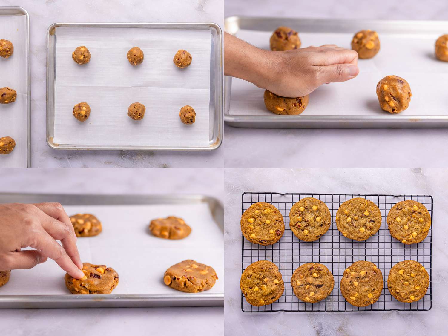 4 image collage. Top Left: dough rolled into balls on sheetpan. Top Right: pressing dough balls with heel of hand. Bottom left: pressing butterscotch chips into dough. Bottom Right: doughs on cooling rack