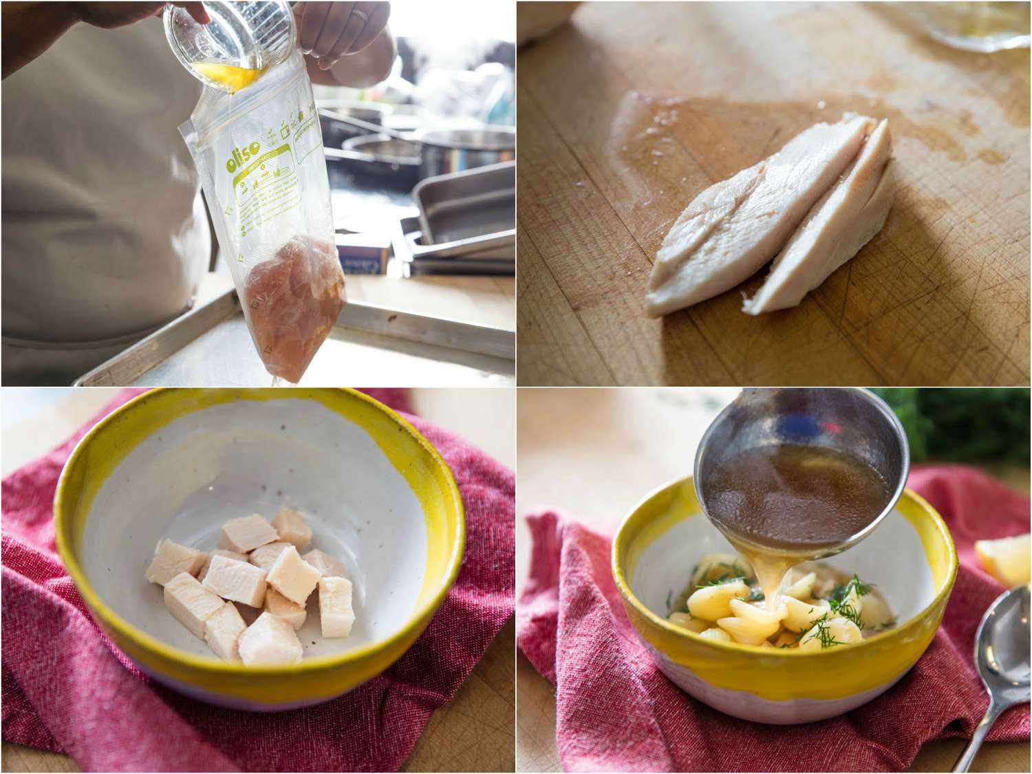 A 4-image collage of chicken breasts being cooked sous vide for homemade chicken noodle soup: chicken being bagged with chicken fat, a piece of chicken cooked sous vide before and after being diced, and the chicken broth being poured to a bowl containing chicken cubes. 
