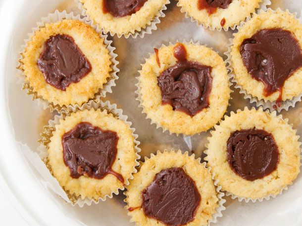 Overhead view of Swedish fudge cookies, served on a white platter.