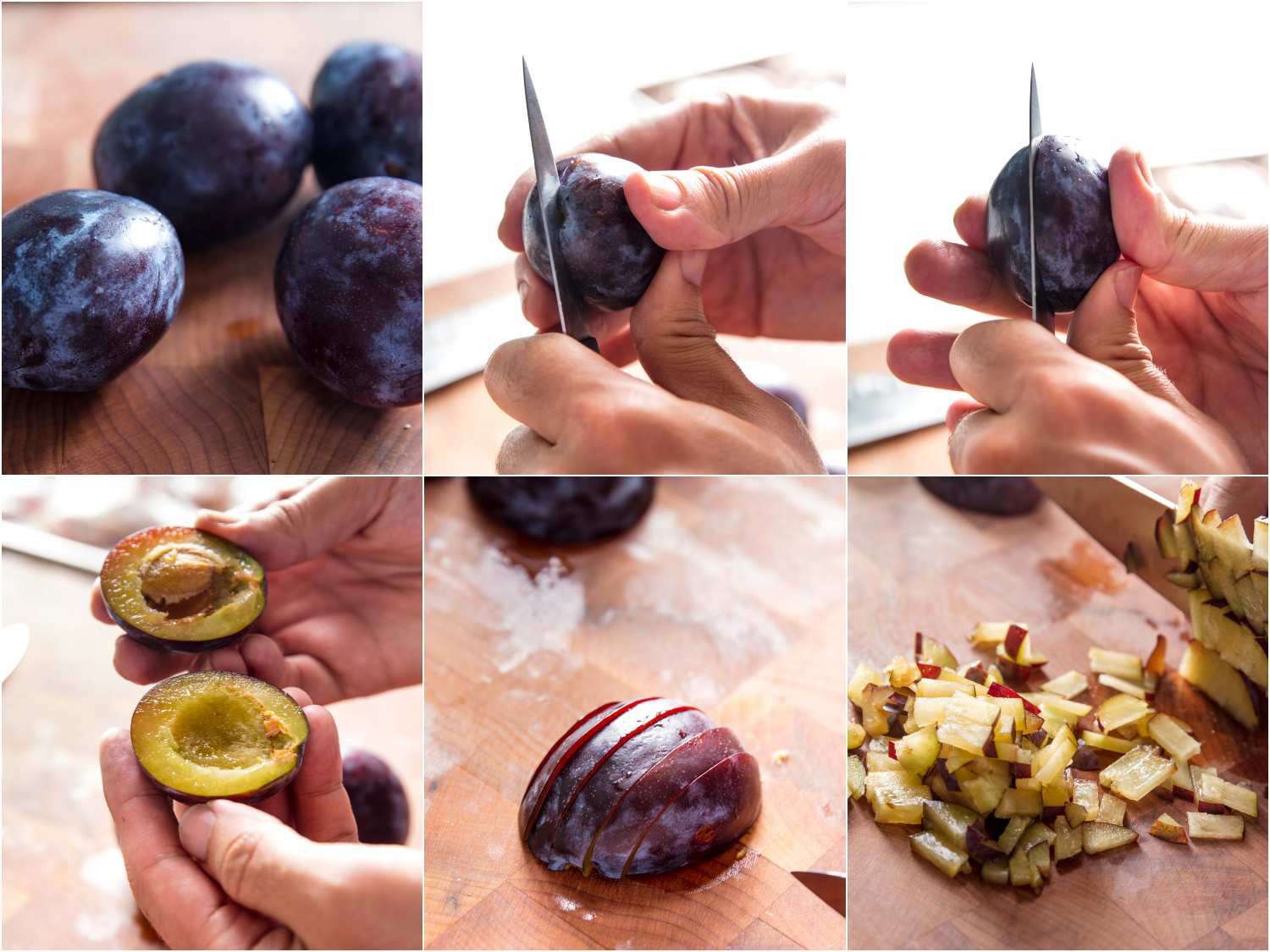 Collage of halving, pitting, and dicing plums for sauce.